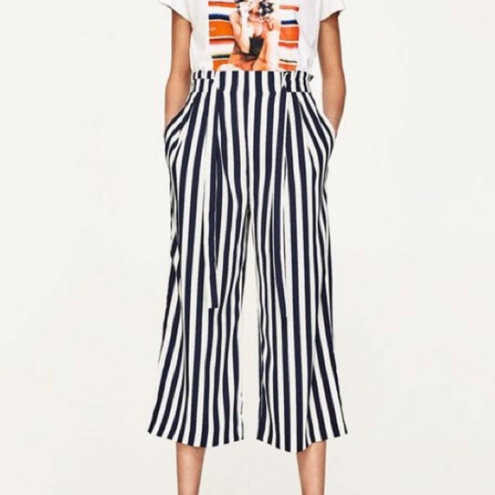 ZARA TRF Navy Striped Wide Leg Culotte Pants